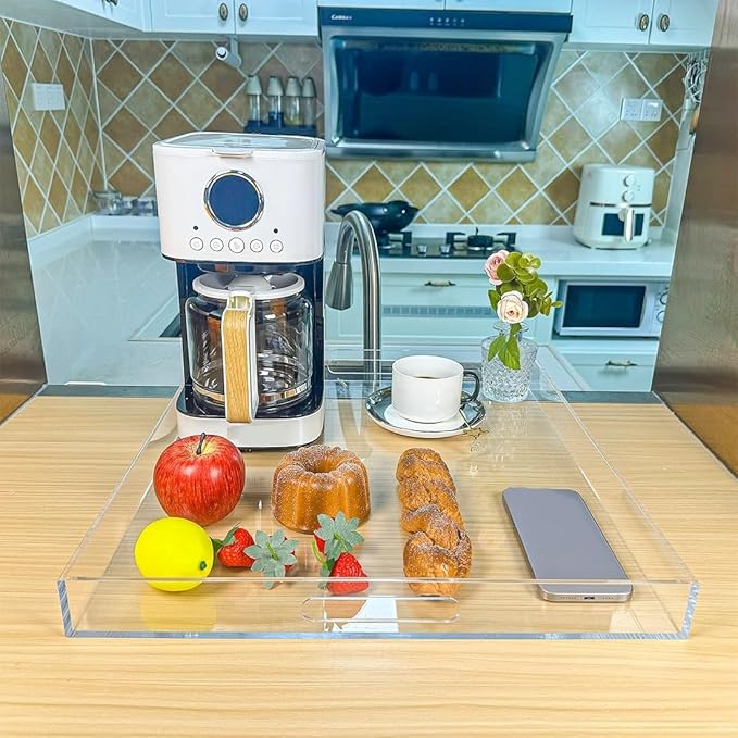 Clear Rectangular 18x20 Inches Acrylic Ottoman Tray Decorative Serving Tray with Cutout Handles Organizer Tray on Coffee Table Countertop Big Breakfast Bed Tray Living Room Appetizer Serving Food