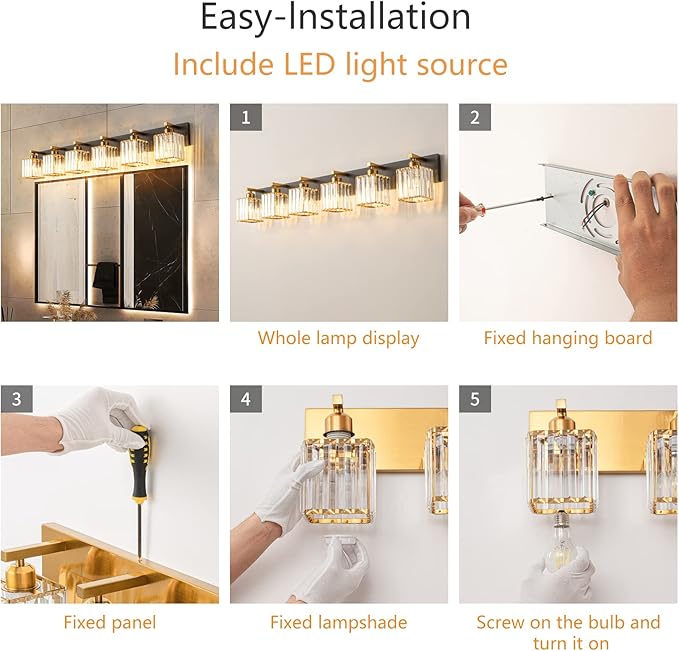 Modern Bathroom Vanity Light 6-Lights Black Gold Crystal Bathroom Wall Light Vanity Light Fixtures,44.09-inch Modern Minimalist Design