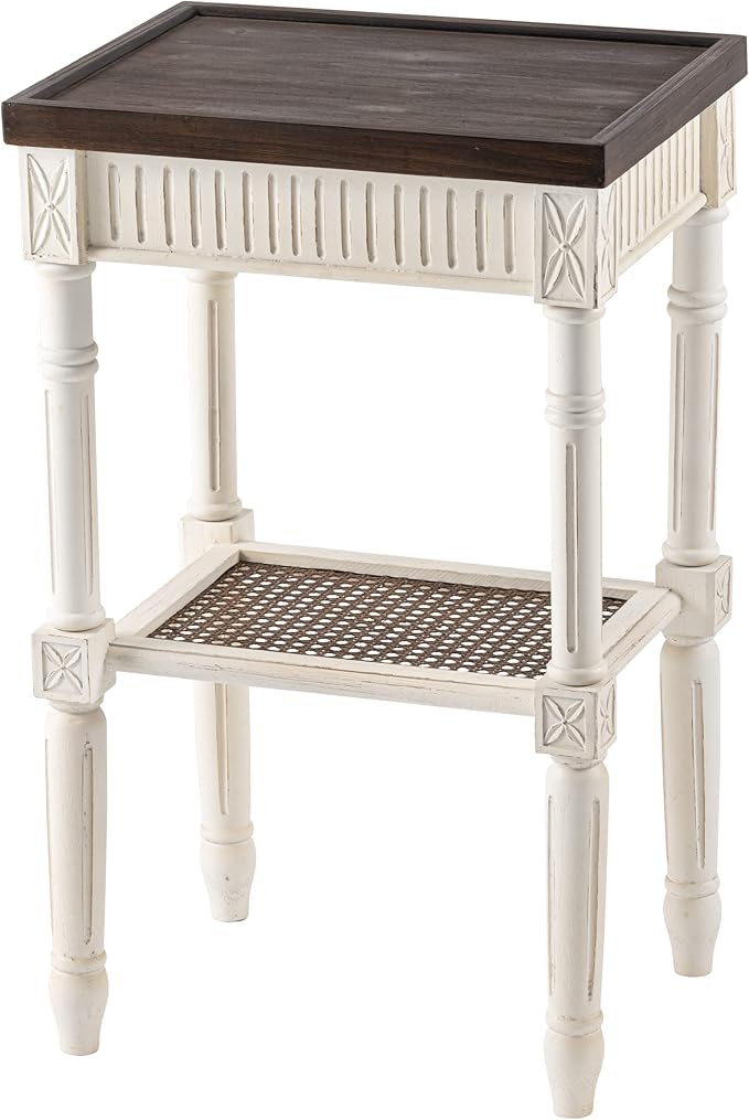 Rustic Farmhouse Cottagecore Accent End Table Set of 2, Distressed Accent Side Table with Espresso Tray Top and Woven Wicker Shelf, Boho, French Country Decor, Square, Weathered Brown & White