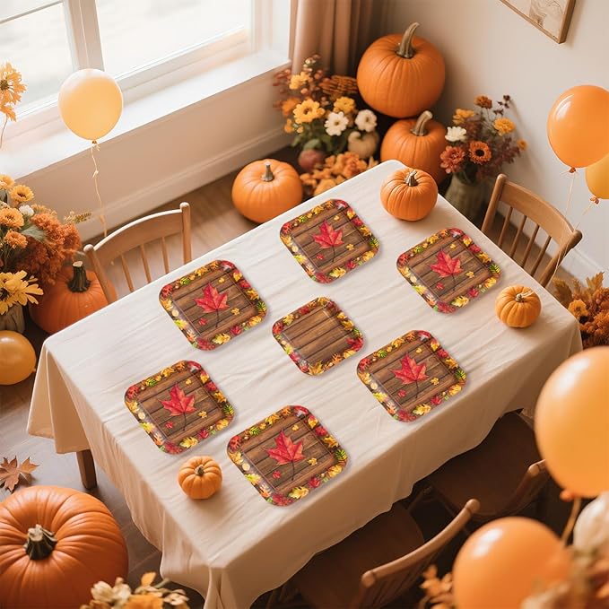 200Pcs Fall Party Decorations Watercolor Autumn Maple Leaves Paper Plates and Napkins Thanksgiving Wooden Grain Tableware Sets for Holiday Harvest Birthday Wedding Dinner Party Supplies Serves 50