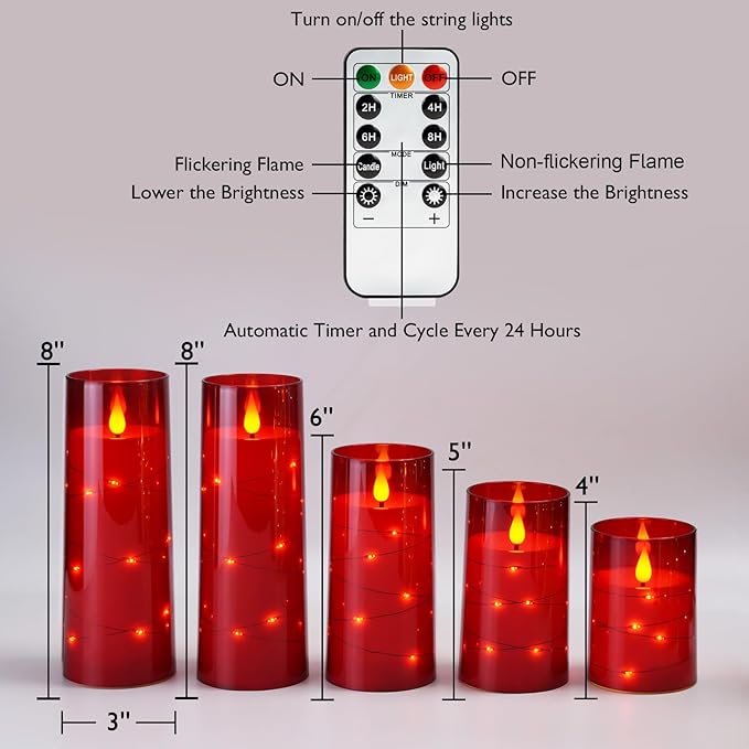 Homemory Acrylic Flameless Candles with Embedded Star String Fairy Lights, Battery Operated Candle, LED Candles, Fake Candles with Remote Control and Timer, Red, Set of 5(H4 5" 6" 8" 8")