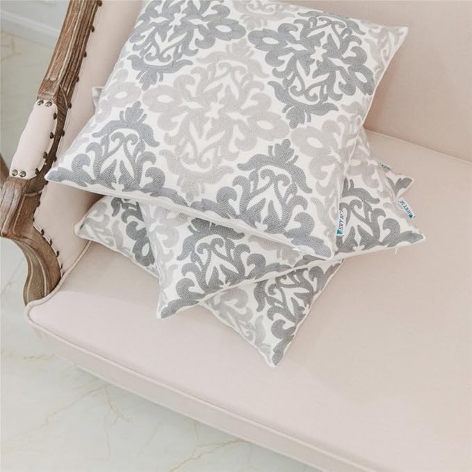 HWY 50 Gray Grey Decorative Throw Pillow Covers 18x18 Inch, Pack of 2 Embroidered Linen Farmhouse Cushion Cover Pillow Case for Sofa Couch Living Room Bed Bedroon, Accent Geometric