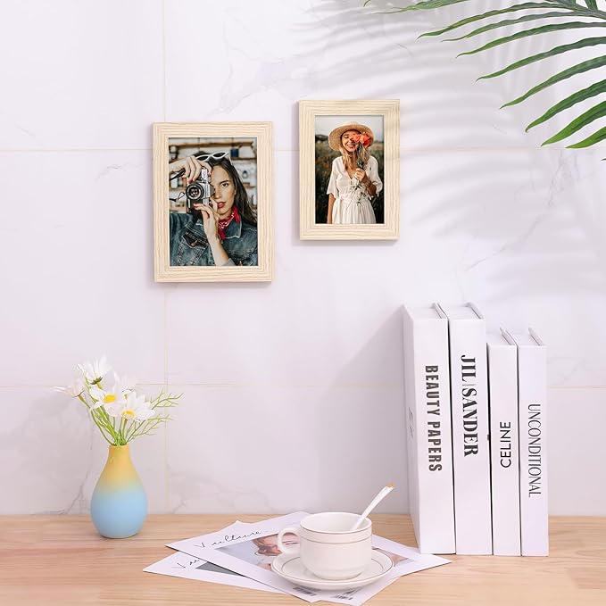 Vittanly 5x7 Picture Frames Set of 9, Shatter Resistant Plexiglass, Display 4x6 Pictures with Mat or 5x7 without Mat, Photo Frames for Wall or Tabletop, Engineered Wood, OAK