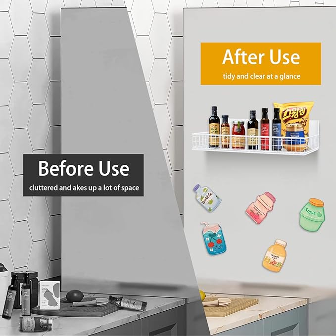 Magnetic Shelf for Fridge Magnetic Basket Organizer Wire Mesh Magnetic Holder Magnet Shelf Accessories for Office Kitchen Classroom Storage,White, 13.77" x 5.11" x 1.7"