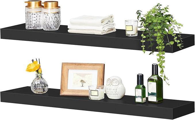 HOOBRO Floating Shelves for Wall, Wall Mounted Shelf Set of 2, 31.5" Hanging Shelf with Invisible Brackets, for Wall in Bathroom, Bedroom, Toilet, Kitchen, Living Room, Office, Black BK80BJP201