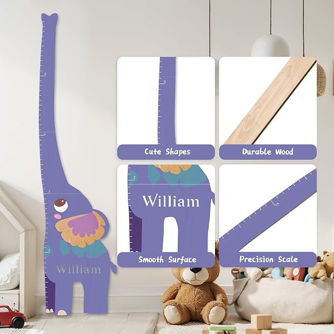 Personalized Name Growth Chart for Kids, Elephant Patchwork Wooden Height Chart for Wall Decor, Custom Height Ruler, Baby Boy Girl Measurement Ruler for Bedroom Playroom, Easy to Mark