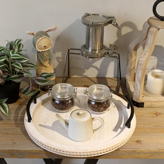 SwallowLiving White Wooden Beaded Serving Tray with Handle Decorative Rustic Whitewashed Tray for Coffee Table Farmhouse Round Tray for Kitchen, Living Room and Bedroom