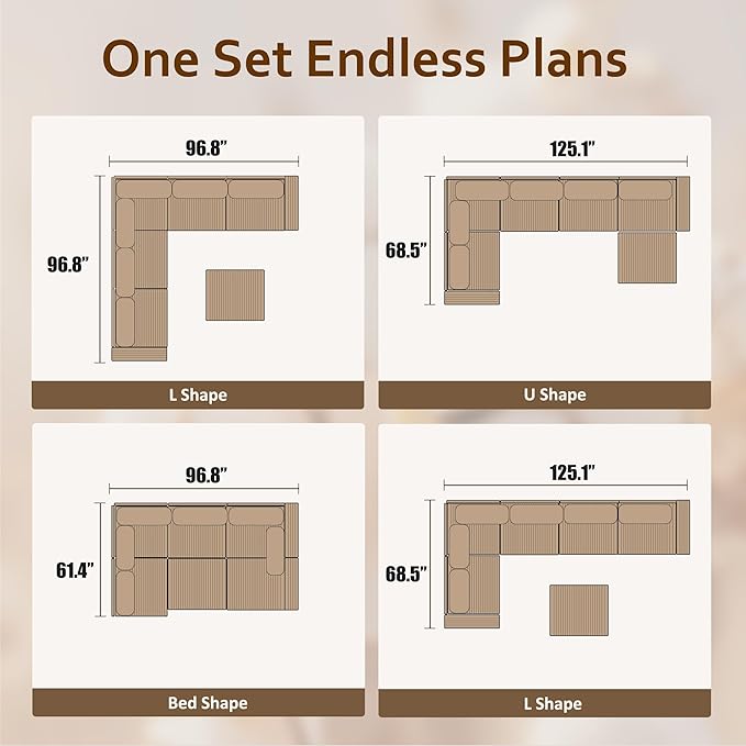 HOOOWOOO Modular Sectional Couch Sofa,125X69 U L Shaped Oversized Couch Sets Free Combination,6 Pieces Extra Deep Sofa with Ottoman for Living Room(Camel Corduroy)