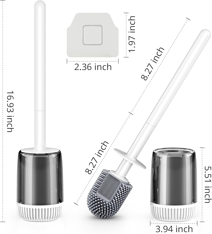 Silicone Toilet Brush and Holder Set with L-Shaped Brush Head, Wall Mounted Toilet Brush Set with Long Non-Slip Handles, Compact Toilet Bowl Cleaner Brush Suitable for RV Trailers & Bathroom (1 Pack)