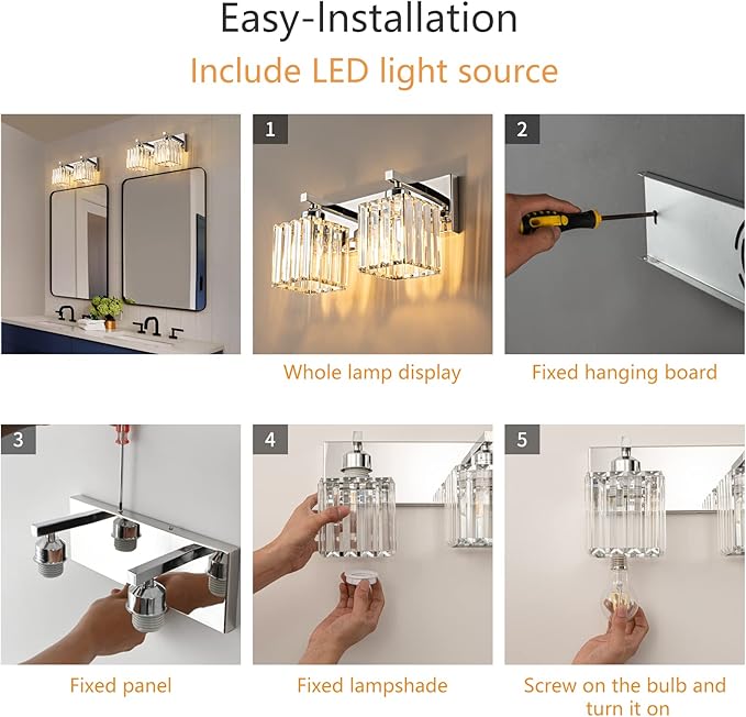 Modern Bathroom Vanity Light 2-Lights Chrome Crystal Bathroom Wall Light Vanity Light Fixtures,12.59-inch Modern Minimalist Design