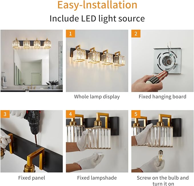 Modern Bathroom Vanity Light 4-Lights Black Gold Crystal Wall Lamp Bathroom Modern Crystal Vanity Lighting