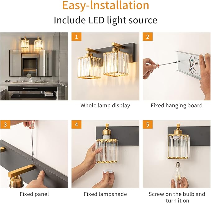 Modern Bathroom Vanity Light 2-Lights Black Gold Crystal Bathroom Wall Light Vanity Light Fixtures,12.59-inch Modern Minimalist Design