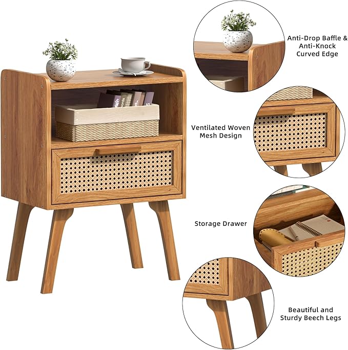 Lerliuo Rattan Nightstand, Side Table with Drawer Open Shelf, Cane Accent Bedside End Table with Solid Wood Legs, Mid Century Modern Night Stand for Bedroom, Dorm and Small Spaces (Tea Brown)