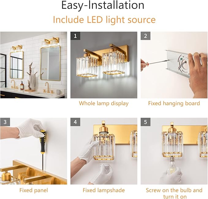 Modern Bathroom Vanity Light 2-Lights Gold Crystal Bathroom Wall Light Vanity Light Fixtures,12.59-inch Modern Minimalist Design