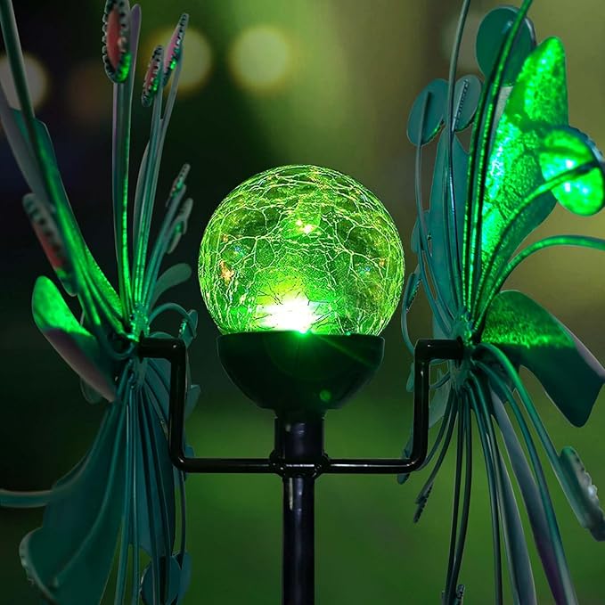 360°Solar Wind Spinner with Lights Blue Metal Garden Outdoor Decor Yard Lawn Art Decor for Patio Kinetic Windmills Unique Gifts for Friends and Family 60.63'' H x 13.38'' Dia