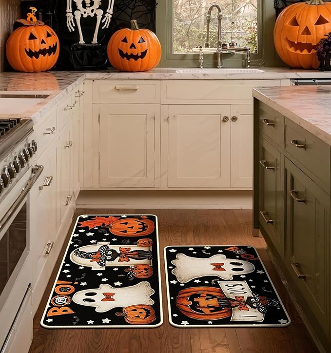 Halloween Kitchen Mat Set of 2, Pumpkin Ghosts Boo Cat Halloween Decor, Halloween Rug for Floor, Indoor Home Decor with Non-Slip Backing,17 x 29 Inch & 17 x 47 Inch