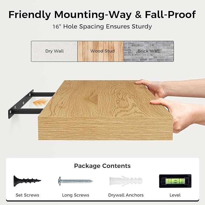 Floating Shelves 36 Inch Long, 12 Inch Deep Floating Shelves for Wall, 36 x 12 Shelves for Wall Storage & Display, 2" Thick Floating Shelf for Bathroom, Living Room, Bedroom, Oak Color, Set of 2