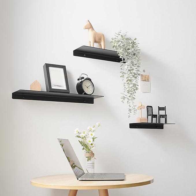 JOOM 2 PCS Small Floating Shelf, 12'' Metal Wall Shelf, Black, Bathroom, Durable, Waterproof, 5.0lbs Weight Capacity