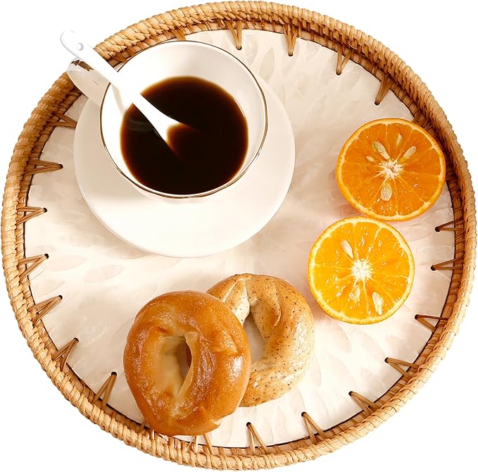 Round Rattan Tray with Mother of Pearl Inlay & Wooden Base - Decorative Wicker Serving Tray for Coffee/Bread/Fruits, Food Storage & Display - Multipurpose Home Decor (M,White Leaves)