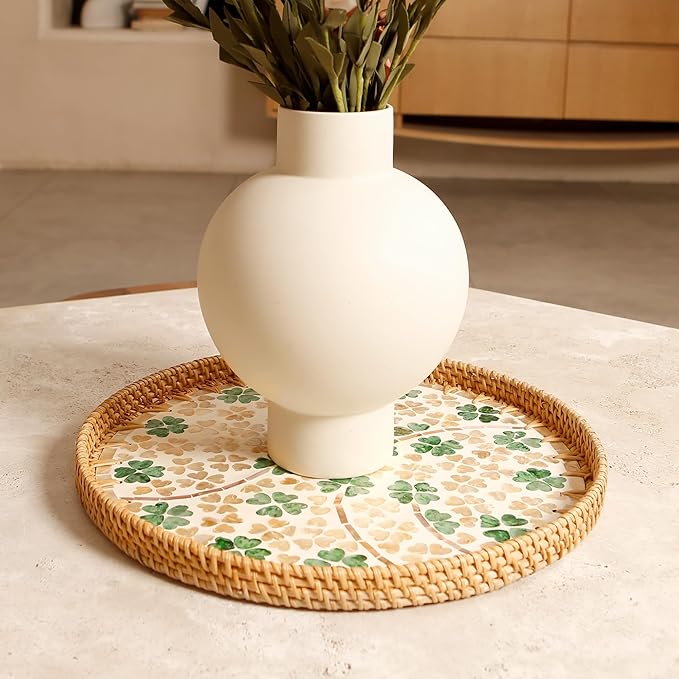 Round Rattan Tray with Mother of Pearl Inlay & Wooden Base - Decorative Wicker Serving Tray for Coffee/Bread/Fruits, Food Storage & Display - Multipurpose Home Decor (M,Four-Leaf Clover)
