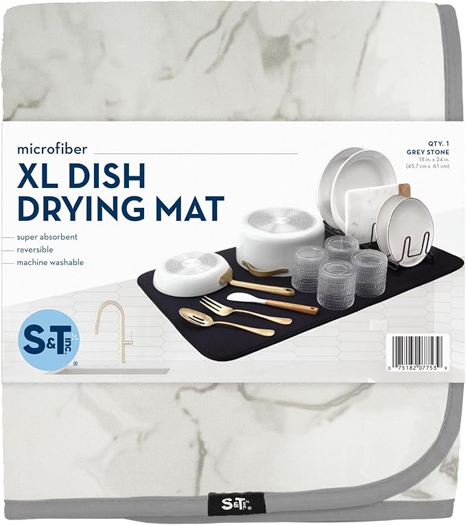S&T INC. Dish Drying Mat XL, 18” x 24”, Absorbent Microfiber Kitchen Counter Mat, Dish Drying Pad for Dishes, Utensils, Pots and Pans, Extra Large, Grey Stone