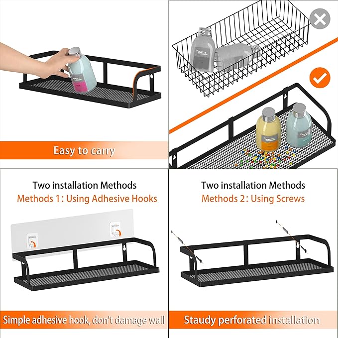 PUSDON Hanging Storage Baskets Organizer Wall Mount, Metal Wire Storage Bin Rack for Kitchen Bathroom Shower Spice Shelf Home Decor Essentials Black-2 Packs (Hollowout)