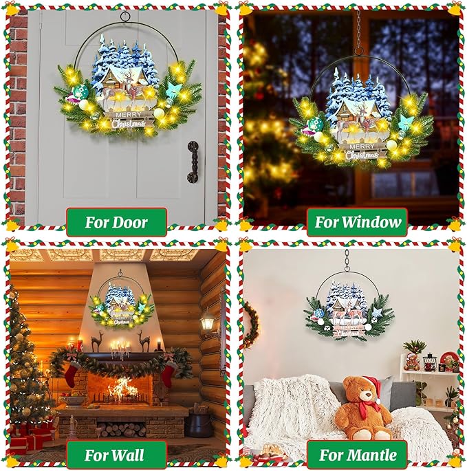Light up Christmas Wreaths for Front Door, Welcome Metal Wooden Door Wreath Decor Hanging Sign, 30 LED Lighted Wall Decor Battery Operated for Halloween Indoor Outdoor (Deer)