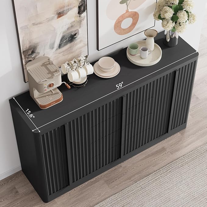 Buffet Cabinet with Storage, 120" Fluted Coffee Bar with 8 Drawers & 4 Doors, Modern Sideboard Buffet with Solid Wood Handle, Credenza Storage Cabinet for Living Room Kitchen Dining Room, Black(2PCS)