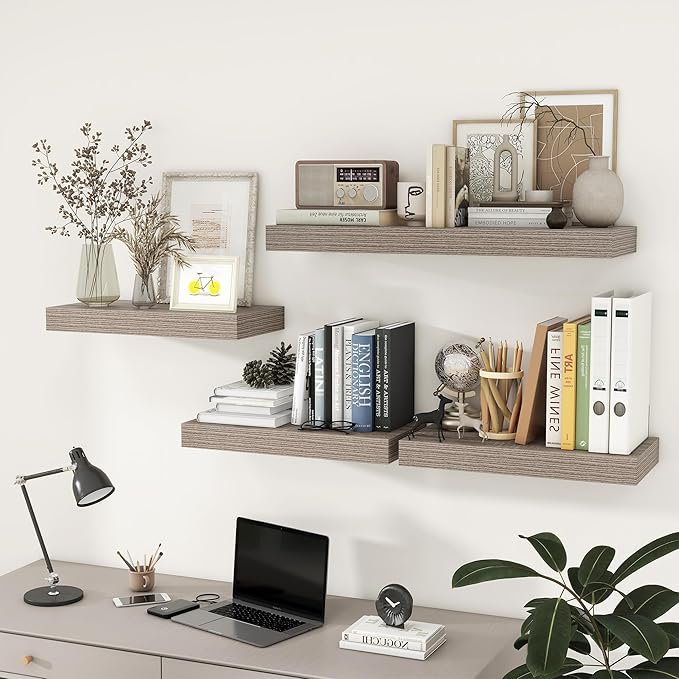 Deep Floating Shelves for Wall, 36W x 12D Rustic Large Floating Shelves Set of 2, 12'' Deep Grey Wood Floating Shelves for Living Room Bathroom Laundry Room Bedroom Kitchen Home Office - Grey