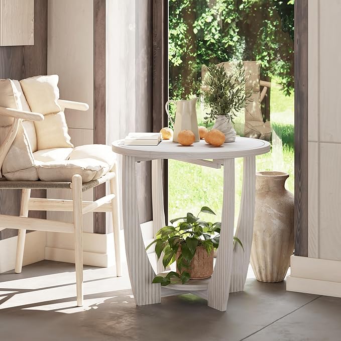 Rustic Farmhouse end Table X 2P with Storage Shelf, French Country Accent Side Table for Family, Dinning or Living Room, Small Spaces, Modern, Round, White