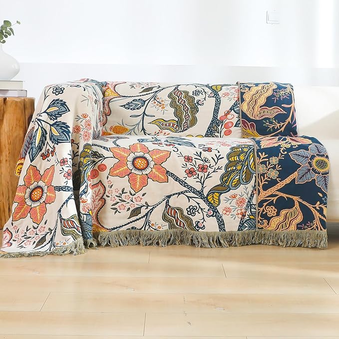 Boho Cotton Throw Blanket - Ultra-Soft Rustic Quilt for Bed, Home Decor & Travel - Large 60"x80" Muslin Blanket - All-Season Lightweight Bedspread & Throw for Women & Moms