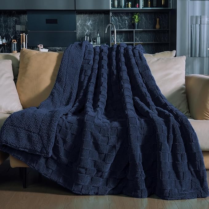 Pawque Super Soft Cozy Throw Blanket Queen Size for Couch Bed, Fluffy Sherpa Fleece Reversible Thick Warm Fuzzy Blanket for All-Season, 3D Checkered Jacquard Decorative Blankets, Navy Blue, 90"x90"