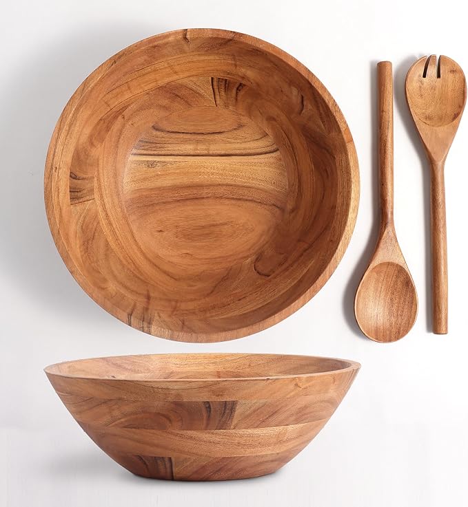 Luxe Designs Wooden Salad Bowl Set - Food Safe & Sustainable Decorative Bowl - Wood Bowl for Fruits, & Salads - Easy to Clean Large Salad Bowls Set w/Spoon, Fork – Wooden Bowls for Food (Natural)