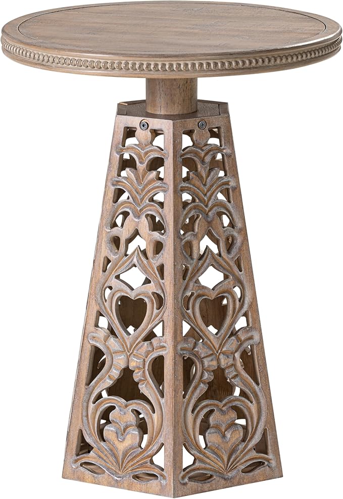 Rustic Farmhouse Wooden End Table, Distressed Round Accent Table with Intricate Carved Floral Patterns, Boho, for Living Room, Bedroom, or Entryway, Distressed Wood Color