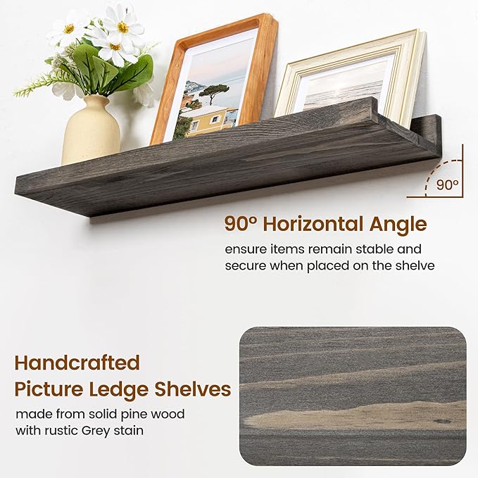 Picture Ledge Wall Shelves - Set of 3, 16 Inch Width, Solid Pine Wood Rustic Floating Ledge Shelves for Kids' Room, Bedroom, Kitchen, Bathroom, Living Room, Nursery Display Decor, Grey