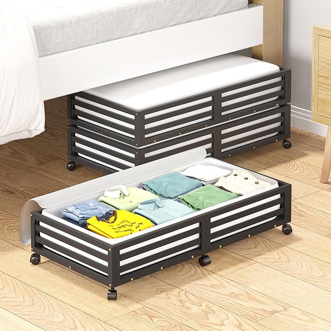 Bamboo Under Bed Storage Containers- Underbed Organizer with Wheels with Large Dust Bag,Sturdy Wood Rolling Under the Bed Shoe Storage Organizer Drawer 2 Packs (Black, Long)