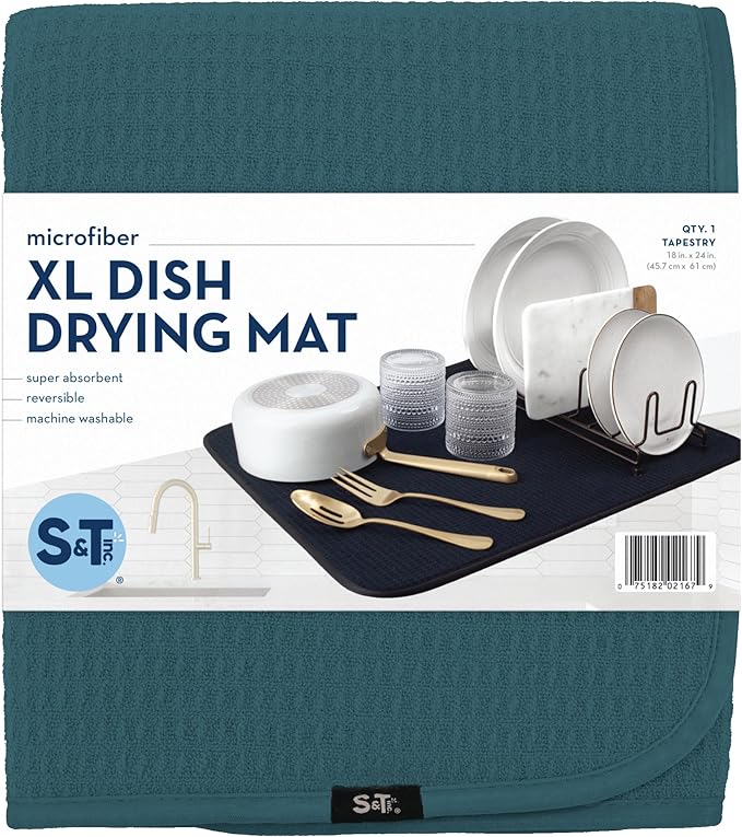 S&T INC. Dish Drying Mat XL, 18” x 24”, Absorbent Microfiber Kitchen Counter Mat, Dish Drying Pad for Dishes, Utensils, Pots and Pans, Extra Large, Tapestry Blue