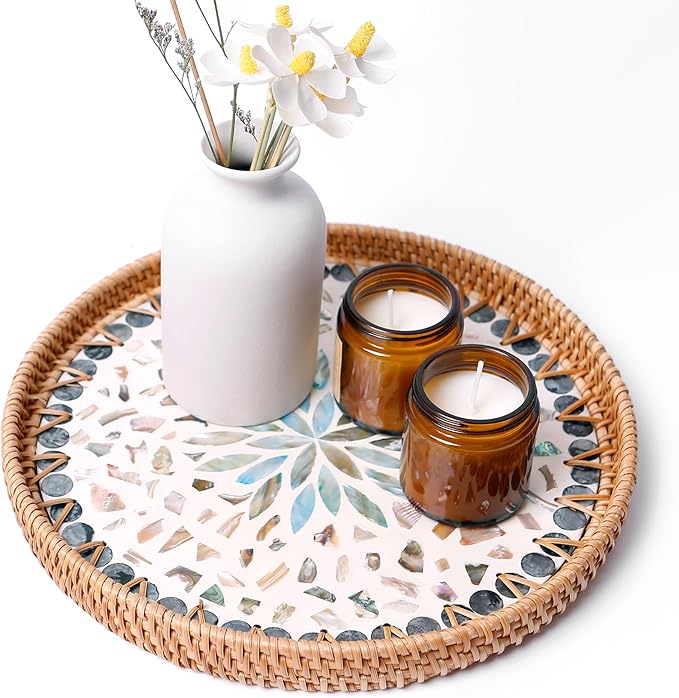 Round Rattan Tray with Mother of Pearl Inlay & Wooden Base - Decorative Wicker Serving Tray for Coffee/Bread/Fruits, Food Storage & Display - Multipurpose Home Decor (M,Fish Scales)