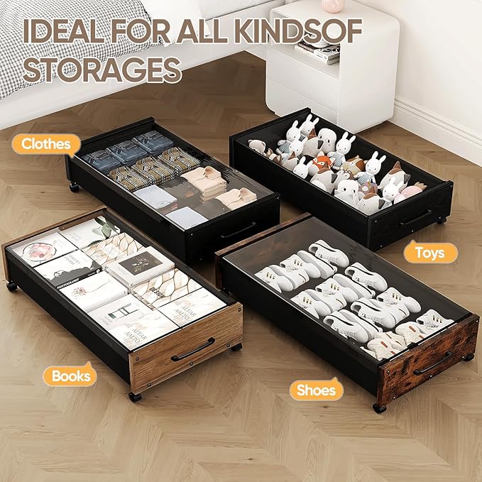 Wooden Under Bed Storage with Wheels, Rolling Under the Bed Storage Bins with Removable Lid, Metal Under Bed Drawers for Clothes and Shoes in Bedroom or Living Room(Walnut Brown-1pack)