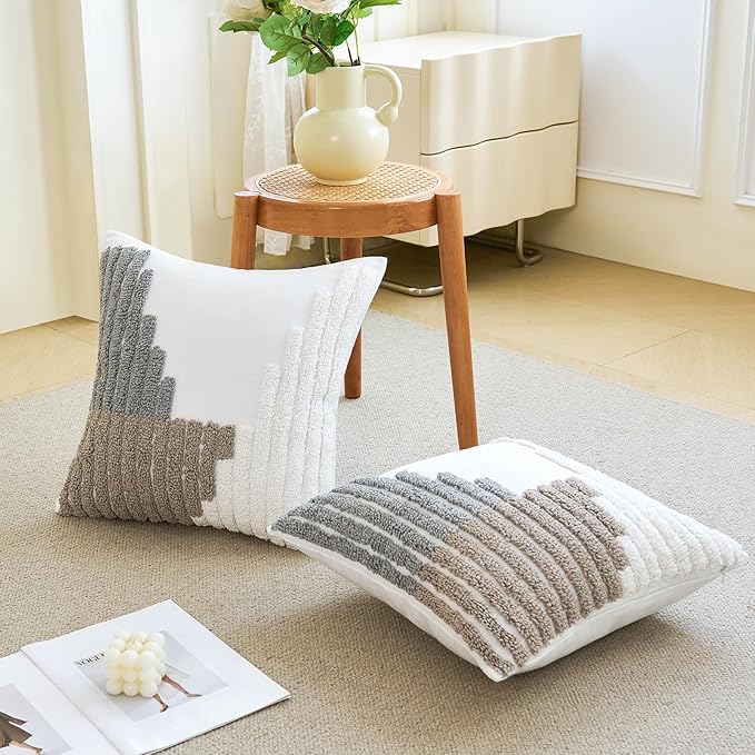 HOdo Home 18x18 Throw Pillow Covers, 2PCS Tufted Boho Jacquard Pillow Covers,Farmhouse Decorative Pillow Cover,Pillow Cases for Couch Sofa Bed Stylish Decor, Simple Textured Cushion Sham