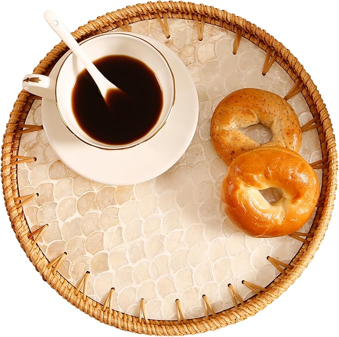 Round Rattan Tray with Mother of Pearl Inlay & Wooden Base - Decorative Wicker Serving Tray for Coffee/Bread/Fruits, Food Storage & Display - Multipurpose Home Decor (L,Fish Scales)