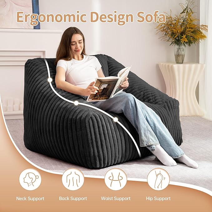 HABUTWAY Bean Bag Chair, Giant Bean Bag Chairs for Adults and Kids, Bean Bag Sofa, Lazy Floor Sofa, Faux Fur Beanbag Chair with Armrests for Living Room Bedroom (Black)