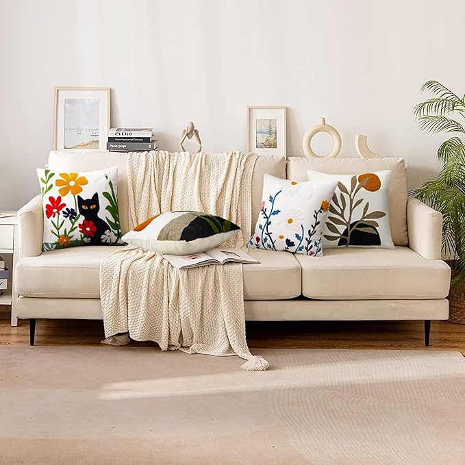 Merrycolor Embroidered Pillow Covers 18x18 Black Cat and Flower Pattern Halloween Decorative Throw Pillow Covers Comfortable Cotton Canvas Square Couch Cushion Cases for Sofa Bed Living Room Decor