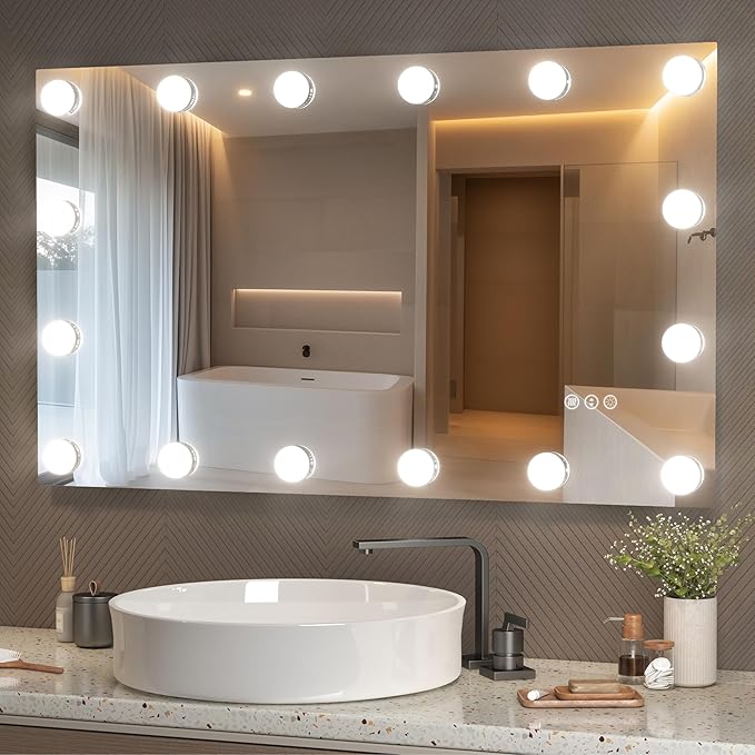 Hasipu LED Bathroom Mirror with Lights, 40" x 24" Hollywood Wall-Mounted Bathroom Mirror with 16 Dimmable Bulbs, 3 Colors Modes, Touch Control, Anti-Fog, Memory Function, Shatter-Proof, ETL Listed