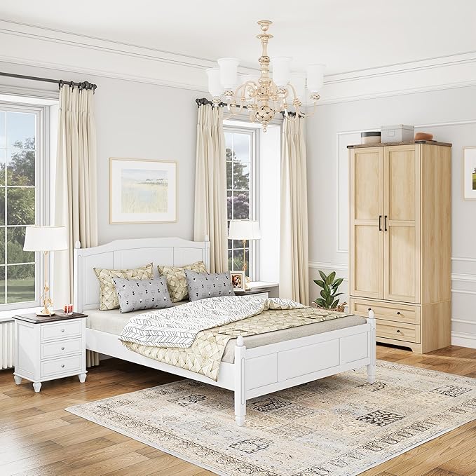 Brafab Armoire Wardrobe Closet with 2 Modern Doors Set of 2, 71" Tall Freestanding Closet Wardrobe Cabinet with Drawers and Hanging Rail, Wooden Storage Cabinet with Shelve for Bedroom,Natural