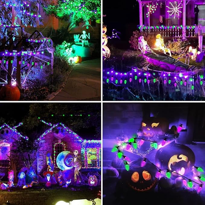Extendable Purple and Green 2PK 100 LED C9 Halloween Lights Indoor Outdoor Waterproof, 98FT Super Bright C9 String Lights 13 Modes with Timer for Tree Patio Party Garden Halloween Decorations