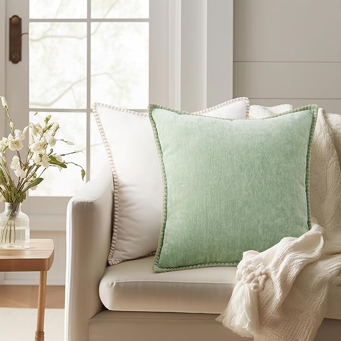 decorUhome Chenille Soft Throw Pillow Covers 16x16 Set of 2, Farmhouse Velvet Neutral Decorative Euro Pillow Covers with Stitched Edge for Couch Sofa Bed Home Decor, Sage Green