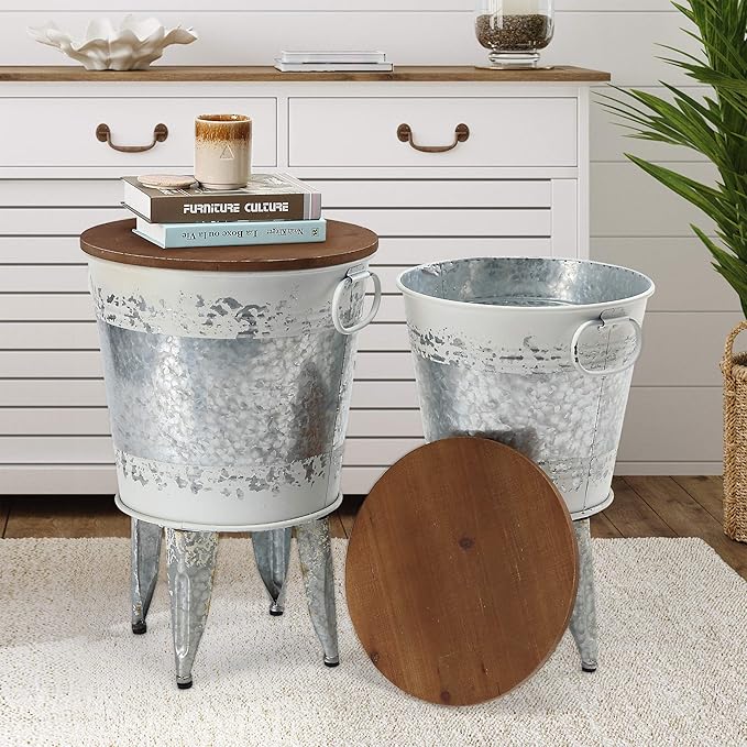 Rustic Storage Farmhouse Accent Side Table, Antique Galvanized Metal End Coffee Cocktail Table Box Bin with Round Wooden Lid Set of 2 (Distressed White)