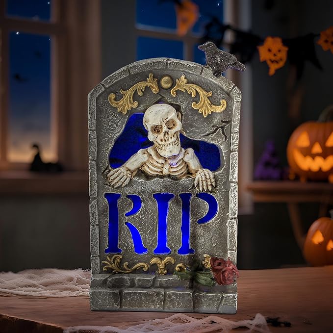 Halloween Decoration Indoor 7.6″ Tombstone Statue with LED Lights Spooky Skull Head Gravestone Skeleton RIP Lighting Changes Halloween Village for Table Shelf Home Party Outdoor Decor Gifts