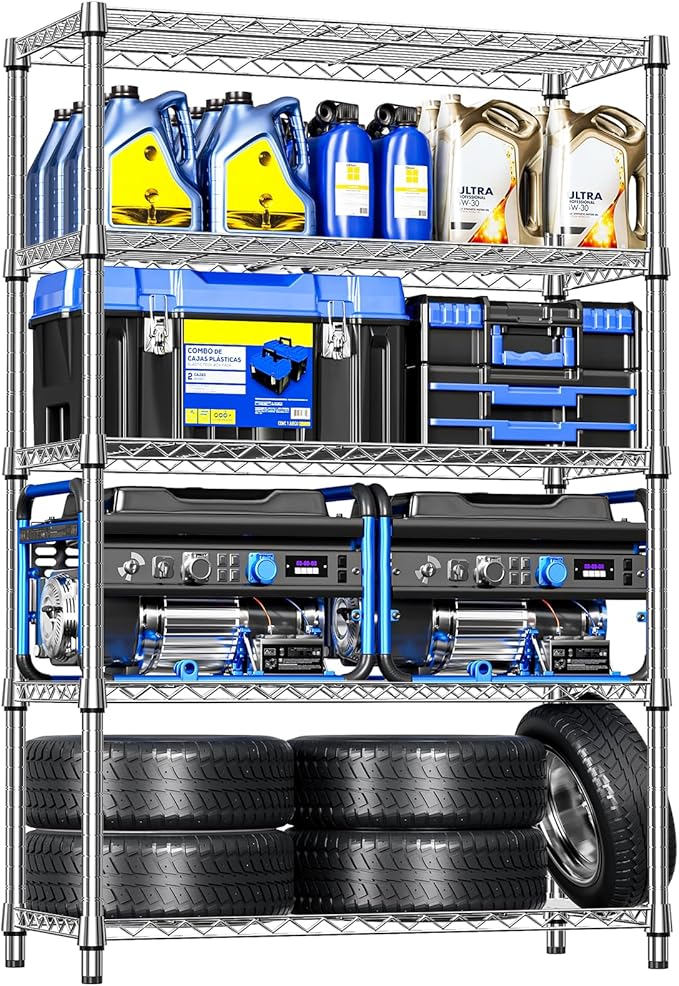 IZEUK 5 Tiers Garage Shelving Wide Storage Shelves Metal Shelves Heavy Duty Adjustable Utility Shelf Rack (Black,17.7" D x 59.1" W x 70.9" H)